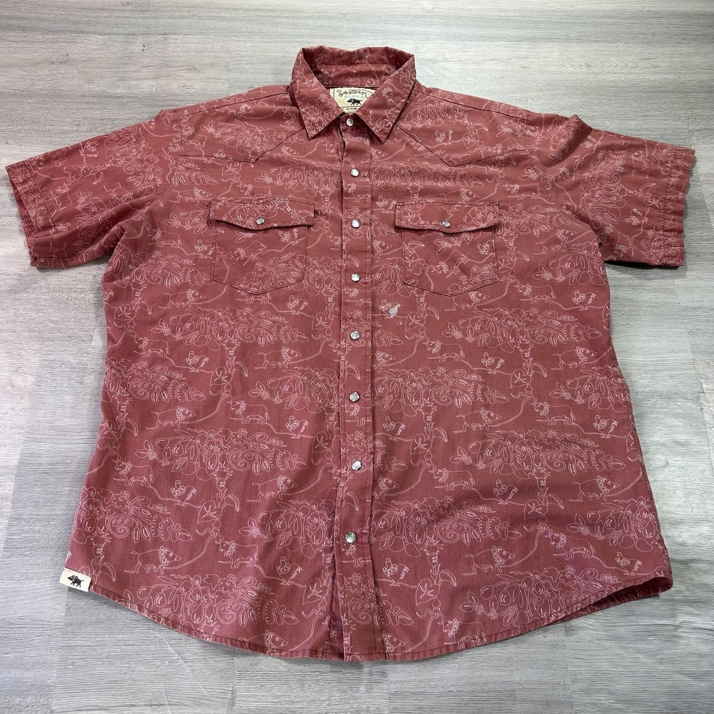 Western Aloha Shirt Mens 2XL Red Hawaiian Graphic Short Sleeve Snap Button Up